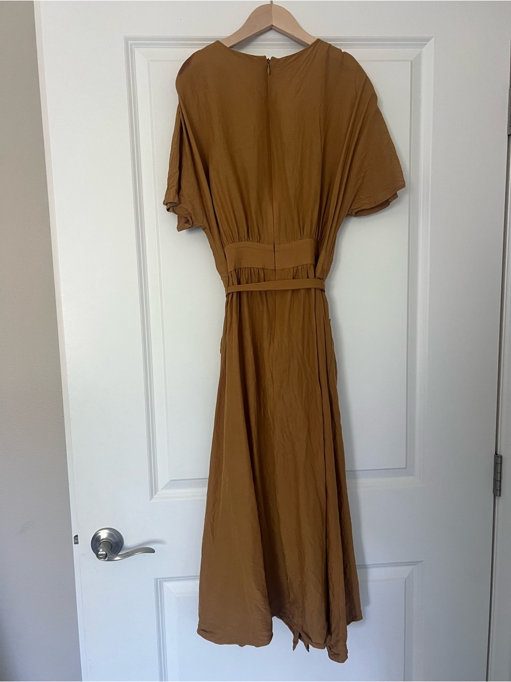 MADEWELL Mustard Brown V-Neck Short Sleeve Midi Dress with Tie Waist - Picture 6 of 8